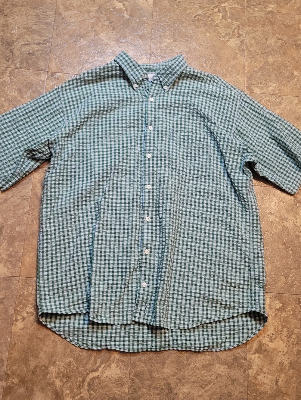 J.Crew Seersucker Button Down Shirt Mens XLT Green Short Sleeve Plaid